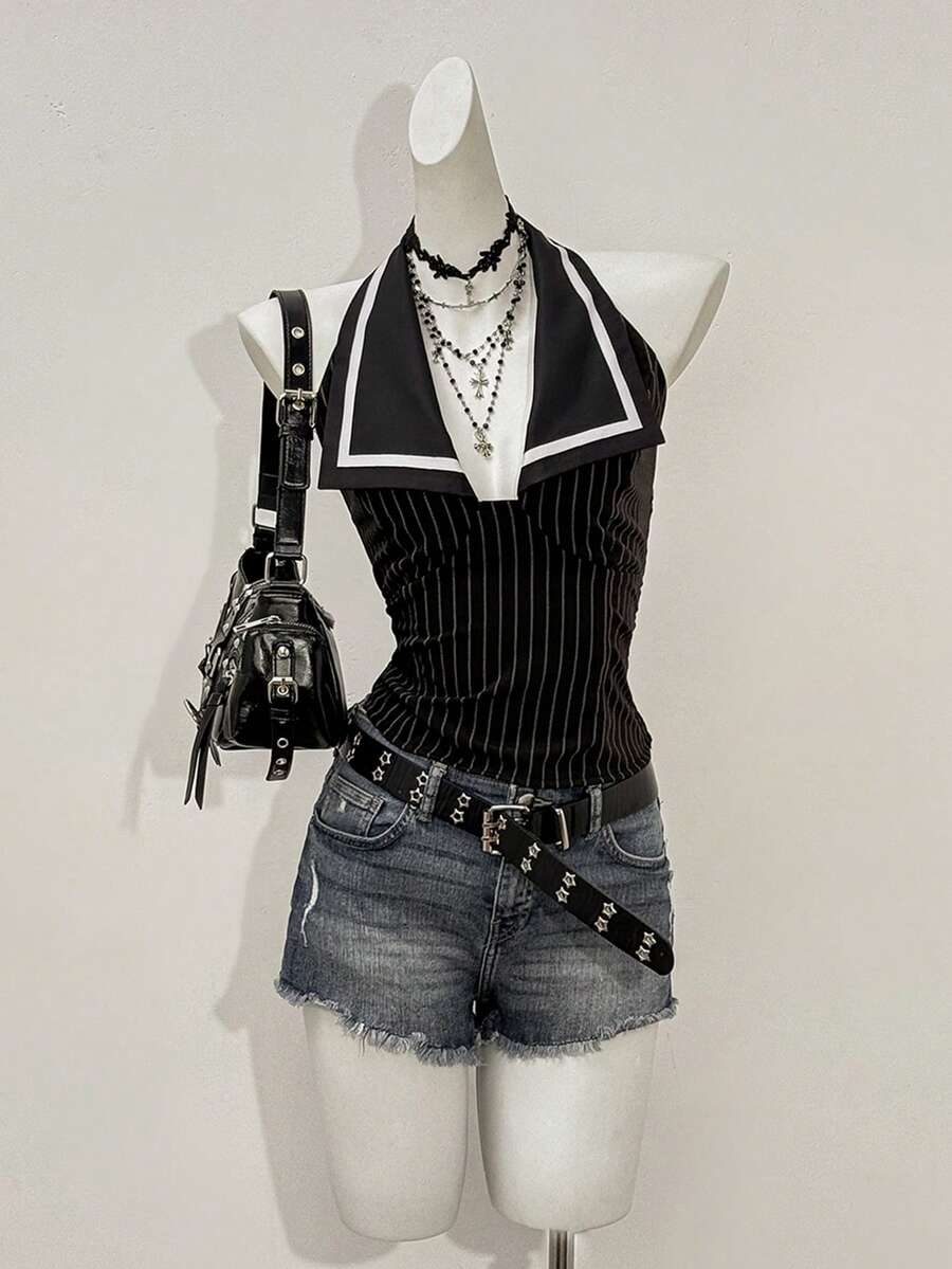 Jeanoix Striped Print Halter Backless Fitted Summer Fashion Sleeveless Shirt - Multicolor - View 1