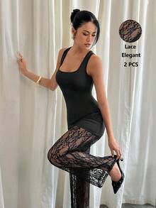 Siren Gaze Women's Solid Black Elegant Camisole And Lace Pants Set, Elegant Ladies 2 Pieces Outfit, Summer Set - Black - View 6
