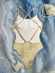 Swim SXY Women's Sexy Backless One-Piece Swimsuit With Gold Foil Straps, Summer Beach Vacation Style - Gold - View 4