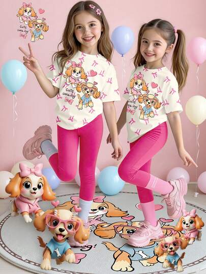 Spring And Summer Young Girls Casual Fashion Creative Personalized Fresh Cute Cartoon Puppy Pink Heart Bow Decor Letter Graphic Print Relaxed T-Shirt And Fuchsia Leggings Set, Comfortable Daily Wear, Cozy Summer And Fall Styles Suitable For Spring, Summer And Autumn