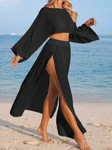 Swim Vcay 女士白色长袖开衩休闲沙滩罩衫两件套 - 黑色 - 查看 3