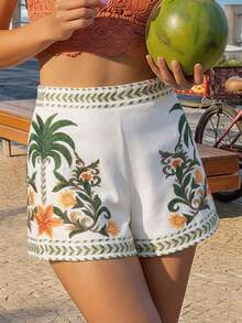CAJUNI Women's Summer Vacation Beach Tropical Flower Embroidered Shorts - Beige - View 5