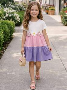 Emery Rose Kids Emery Rose Kids Abito casual a maglia con collo rotondo, blocchi di colore e decorazione floreale 3D per ragazze giovani - Multicolore - Visualizzare 4