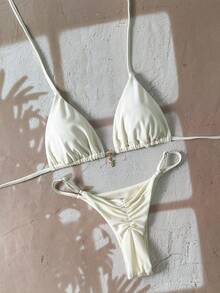 Swim Vcay Traje de baño de mujer de unicolor con colgante metálico tipo halter, conjunto de bikini de tanga sexy - Beis - Ver 1