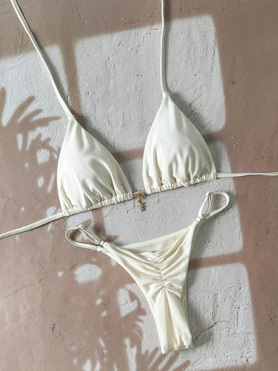 Swim Vcay Traje de baño de mujer de unicolor con colgante metálico tipo halter, conjunto de bikini de tanga sexy - Beis - Ver 1
