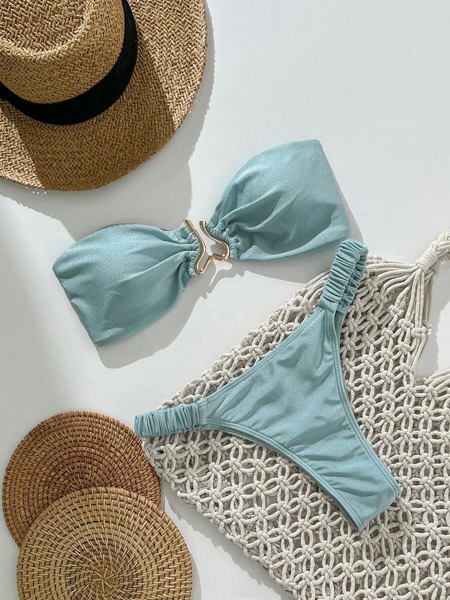 Swim Mod Cadet Blue Plain Bandeau Bikini Set For Women Knot Detail Swimwear With Thongs - Cadet Blue - View 1