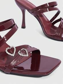 CUCCOO SZL Women Shoes Spring And Summer New Burgundy Square Toe Slender High Heel Multi-Strip With Love Buckle Women's High Heel Sandals Fashion Comfortable Versatile Sexy Party Women's Sandals Women's Shoes - Burgundy - View 5