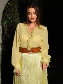 Plus Size Spring/Summer Pale Yellow Chiffon Lace Stand Collar Long Sleeve Lace Trim Paneled Regular Length French Sweet Blouse For Commute, Date, Vacation, Brunch, Afternoon Tea - Yellow - View 3