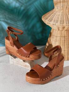 SHUZIA 新款百搭女士黑色坡跟凉鞋，踝带设计，易穿时尚舒适，露趾款式，春夏休闲度假之选 - 紫紅色 - 查看 8