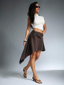 Denimoi Asymmetrical Skirt With Belt European Summer Outfits Vacation Outfits Brunch Outfits It Girl - Brown - View 2