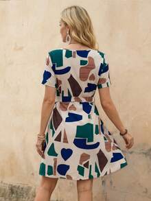 Faunlyn Vestidos de verano elegantes para mujer con bloque de color geométrico y cierre delantero de manga corta - Multicolor - Ver 2