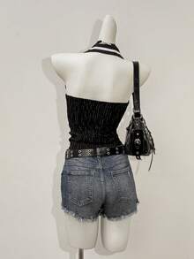 Jeanoix Striped Print Halter Backless Fitted Summer Fashion Sleeveless Shirt - Multicolor - View 2