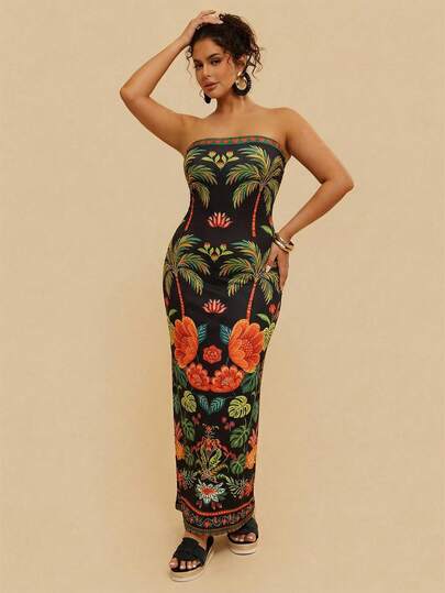 Travachic Plus Size Women Summer Multicolor Tropical Print Tube Top Dress, Long Knitted Stretchy Dress