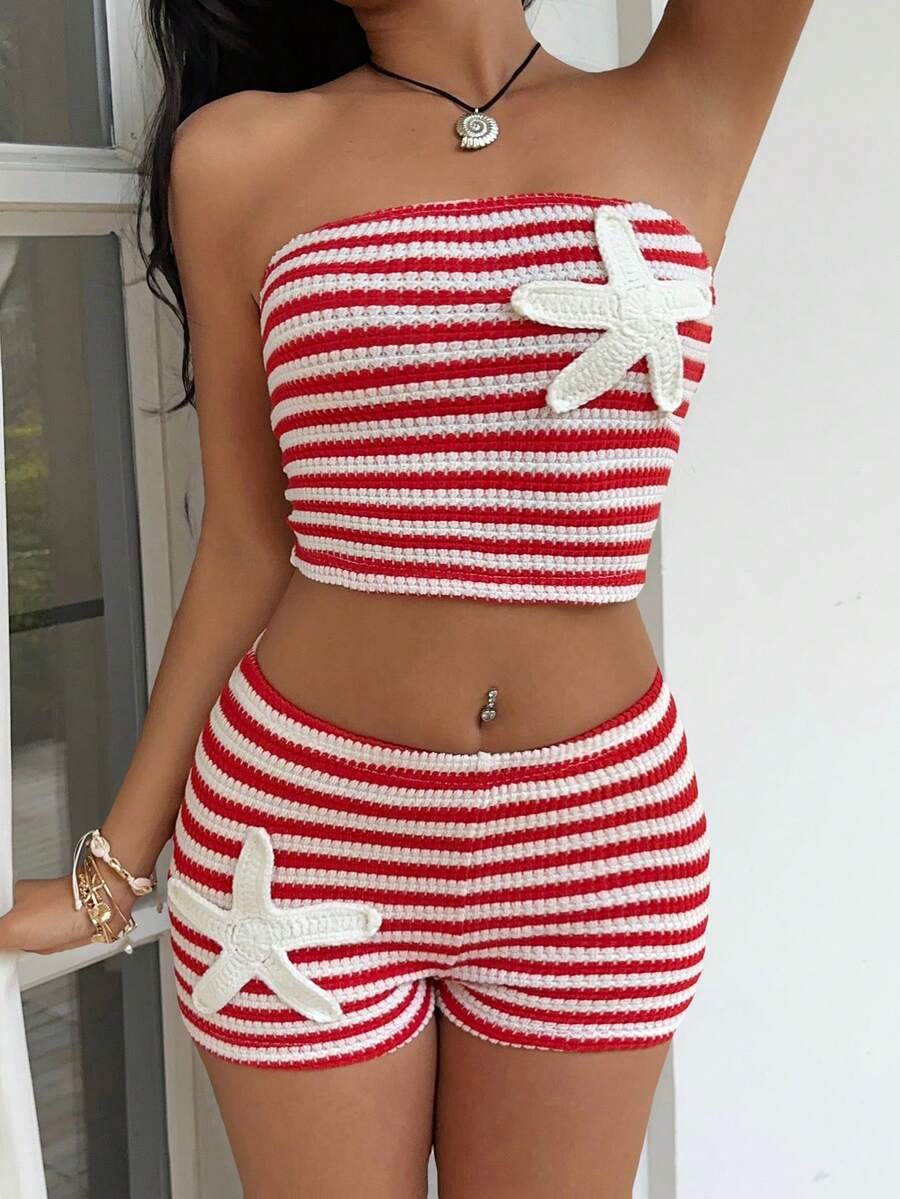 Sunnyshic Bộ áo croptop và quần short cạp cao kẻ sọc đỏ trắng, trang trí hình sao biển móc thủ công, trang phục thanh lịch cho kỳ nghỉ và thường ngày, phong cách tối giản cho mùa xuân/hè. - Đỏ - Xem 1
