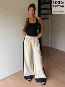 Siren Gaze 女士撞色亚麻直筒裤，棉质长裤 - 杏色 - 查看 8