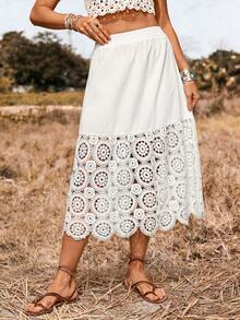 LanaWest Western Style Lace Hollow-Out Patchwork Versatile Women's Mini Skirt, Spring/Summer - White - View 5