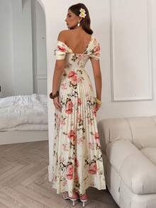 SHEIN Elenzya 不对称肩部褶皱A字印花优雅浪漫女式连衣裙 - 彩色 - 查看 2