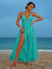 Swim Vcay 纯色系带露背镂空比基尼套装，钩针拼接开衩长款沙滩裙，优雅度假风 - 綠色 - 查看 5