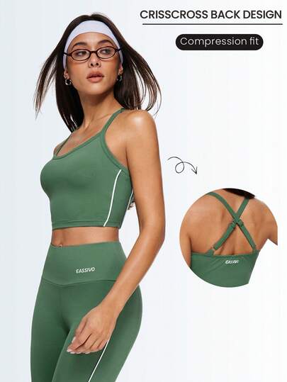 Eassivo Eassivo 女士运动上衣二合一条纹瑜伽服露背运动上衣修身休闲运动服