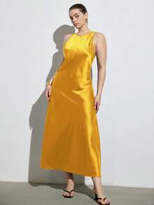 Aveloria Modichic Minimalist Luxury Style Sleeveless A-Line Maxi Dress, Simple Elegant Asymmetric Design, Double-Sided Satin-Like Acetate Fabric, Slimming, Versatile For Casual Wear, Commuting, Plus Size - Yellow - View 4