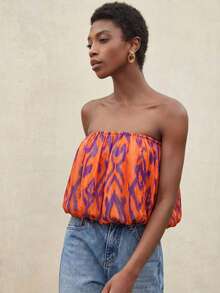 Aveloria Modichic Spring/Summer New Beach Vacation Style Oil Painting Print Gold Chiffon Draped Cropped Tube Top For Women - Orange - View 5