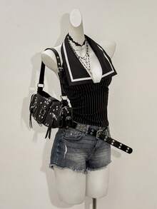 Jeanoix Striped Print Halter Backless Fitted Summer Fashion Sleeveless Shirt - Multicolor - View 3