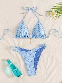 Swim Mod Women's Summer New Contrast Color Polka Dot Print Reversible Halter Tie Back Sexy Bikini Set, Suitable For Beach Vacation - Multicolor - View 8
