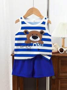 SHEIN Playful Pals 2件套0-3岁婴幼儿男童休闲条纹小熊印花背心短裤套装，适合所有季节、短途旅行、假期、郊游，适合3个月至24个月的男婴，男婴服装，男童夏季服装，婴幼儿服装，男童服装，价格实惠的男童套装，男童卡通套装，男童背心套装，男童夏季套装，男童短裤套装，男童背心套装，男童夏季套装，男童短裤套装 - 藍色 - 查看 2