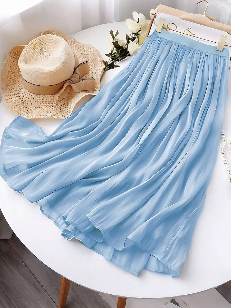 GlowEve 女士弹力腰半身裙，优雅休闲日常穿着，夏季沙滩度假长裙 - 藍色 - 查看 1