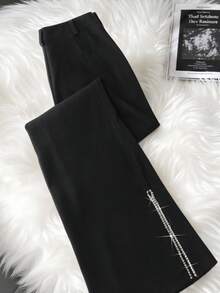 GlowEve Black Flared Leg Slit Rhinestone Embellished Elegant Party Pants For Women - Black - View 2