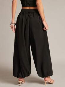 Hauture Asymmetrical Solid Color Casual Pants For Women, Loose Design Sense Ankle-Length Pants With Button, Zipper, Pleats - Black - View 3