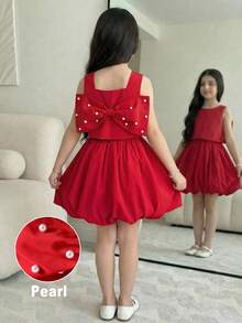SHEIN Ensemble top et jupe pour jeunes filles élégant avec col carré, décoration de perles et nœud amovible dans le dos - Rouge - Voir 5