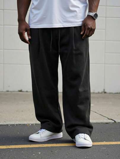 ResortEase Plus Size Men's Loose Solid Color Casual Drawstring Pocket Pants Men Oversized Pants Black Baggy Sweat Pants Men Japanese Pants For Men Korean Pants Men Men Loose Fit Pants