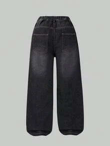 SHEIN Elladie kids Tween Girl 2025 Autumn & Winter Cute Pink Bow Embroidered Black Wide Leg Jeans,Back-To-School Retro Y2K Loose Denim Pants For School,Dark Pink,Soft - Black - View 2