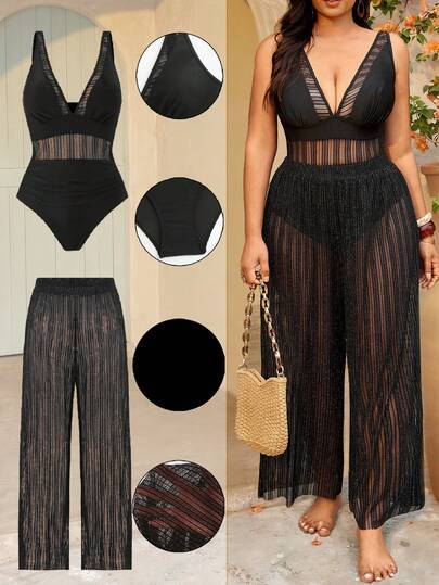 Swim Oasis Traje de baño de una pieza de estilo resort maduro y estilizador, con diseño de empalme de malla de unicolor, escote en V profundo, fruncido en la cintura, emparejado con pantalones largos de playa de malla