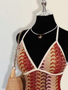 SHEIN ICON 女士彩色提花针织撞色罗纹饰边露背吊带深V迷你沙滩裙 - 彩色 - 查看 5