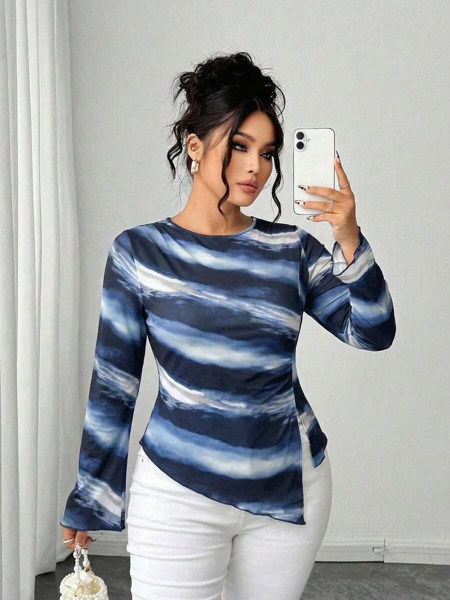SHEIN Clasi Plus Size Elegant Tie-Dyed Printed Long-Sleeved Ladies' Top,Navy Blue White Versatile Daily Autumn Birthday Bridesmaids Campus Office Fashion Top - Blue - View 1