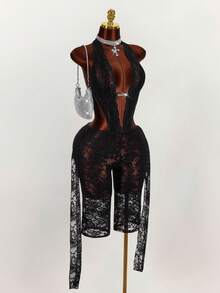 Amplova 2026 Lace See-Through Sexy Music Festival Jumpsuit For Women - Black - View 4