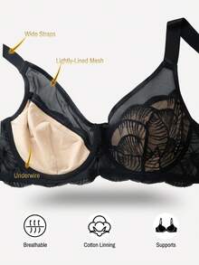 DesireSculpt 1 pieza Sujetador con aros y ajustable con encaje y parches para mujer de talla grande - Negro - Ver 12
