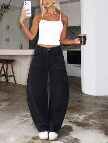 Aloruh 女士宽松修身弧形裤腿牛仔裤 - 黑色 - 查看 1