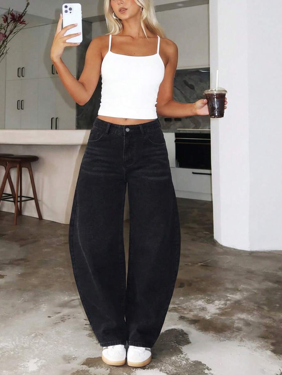 Aloruh 女士宽松修身弧形裤腿牛仔裤 - 黑色 - 查看 1