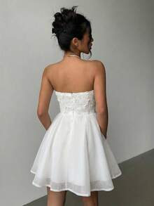 Aloruh Women's Lace Embroidered Bustier Mini Dress, Romantic Fit-And-Flare Silhouette, Wedding Season - White - View 5