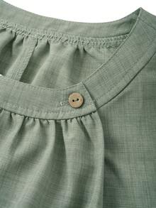 Linhara 大码女式夏季优雅通勤圆领褶皱纹理A字无袖衬衫 - 綠色 - 查看 3