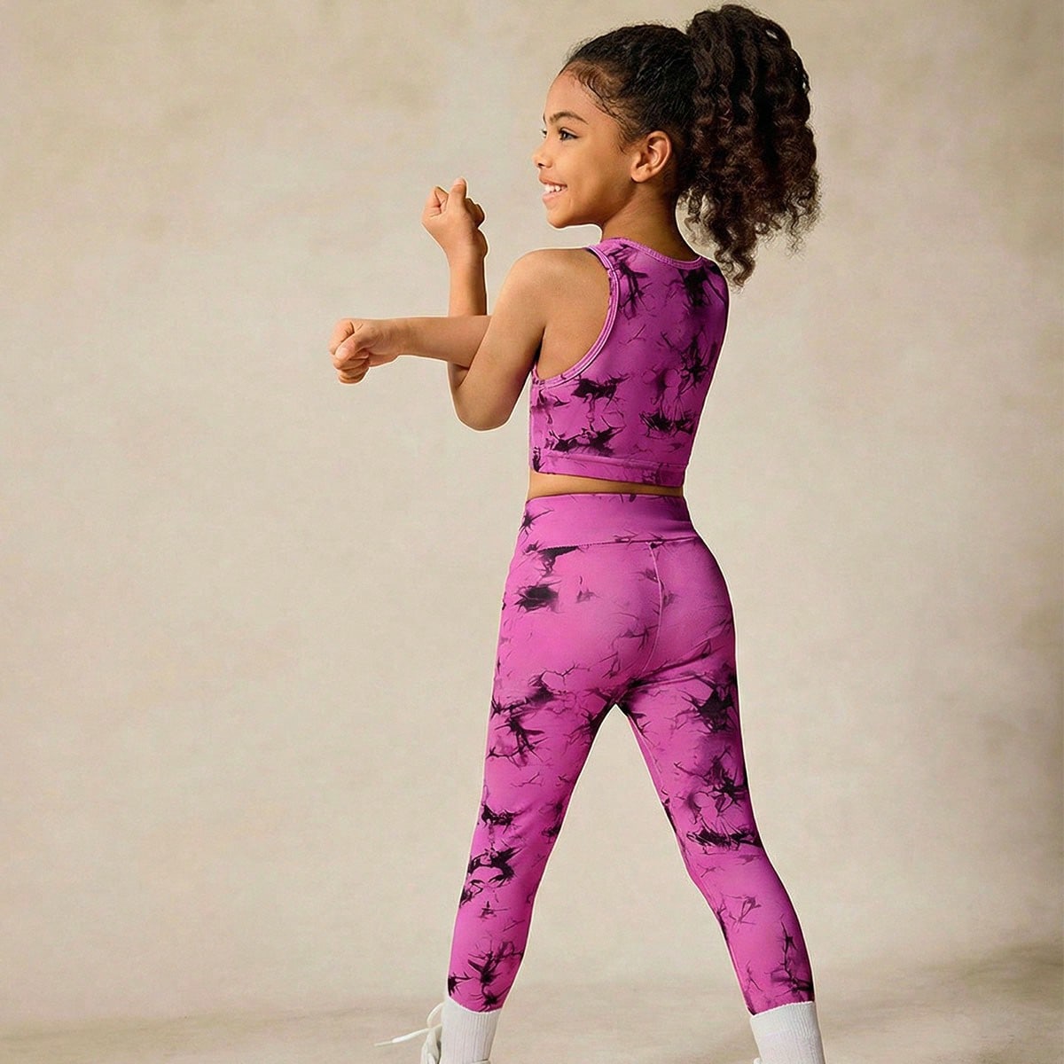 Conjunto activo de niña preadolescente con estampado de mármol y rosa - Blusa de manga corta y pantalones fluidos de cintura alta, conjunto de yoga