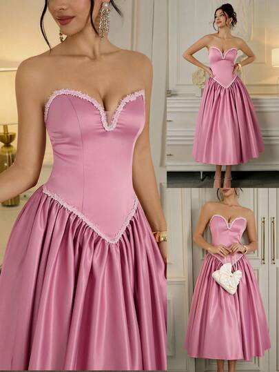 Poshira Women's Elegant Patchwork Ribbon Ruched Bandeau Cocktail Party Dress, Summer Valentines Dress Elegant Dress Sequin Dress Pink Red Dress Floral Dress Luxury Pink Corset Dress Bustier Dress Sweetheart Neckline Elegant Pink Dress Feminine Dress Pink Bustier Dress Pink Party Dress