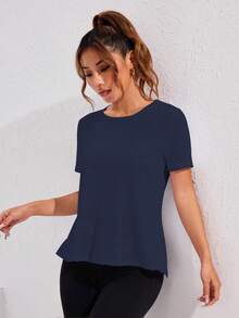 Gameset SHEIN Sport 迷彩提花网眼拼布短袖运动上衣，春夏季健身女式衬衫 - 藏蓝色 - 查看 6