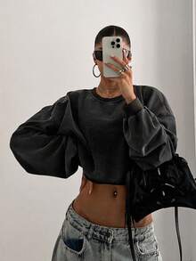 StreetHx Women Solid Color Round Neck Loose Boxy Cropped Washed Sweatshirt,Long Sleeve Tops,Graduation,Teacher,Back To School Pullover Fall - Grey - View 4
