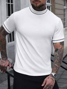 Manfinity Homme 男士休闲撞色领短袖T恤，夏季 - 白色 - 查看 1