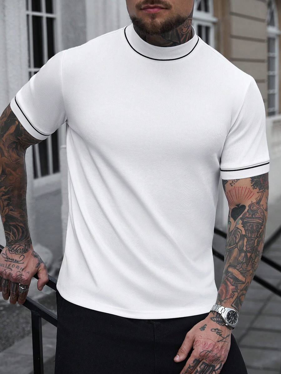 Manfinity Homme 男士休闲撞色领短袖T恤，夏季 - 白色 - 查看 1