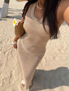 Franclia New Sexy Bikini, Casual Daily Beach Wear, Sleeveless Minimalist Knit Vacation Dress, Elegant Casual Style, Fishnet Texture, French Chic Sexy Girl, Bohemian Style, Versatile High-End Women Sweater Dress - Apricot - View 9